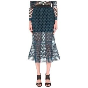 NWT SELF-PORTRAIT Arabesque Lace Fishtail Skirt In Dark Green